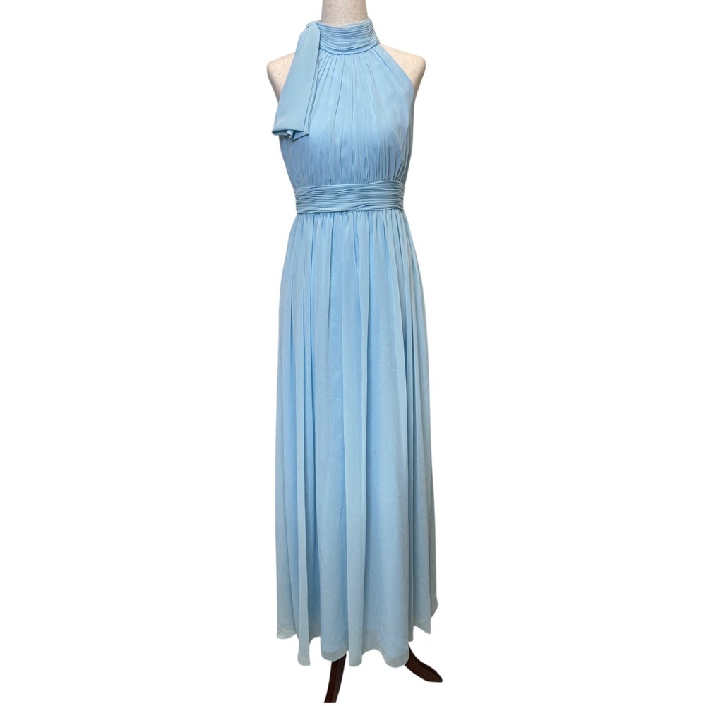 IEENA MAC Duggal 55035 Gown 4 Light Blue Pleated Halter Bow Chiffon Maxi Elegant